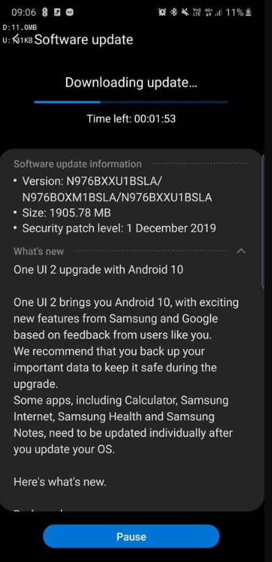 galaxy note 10+ 5g uk android 10 update