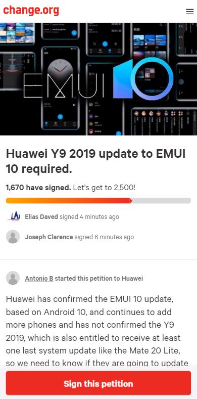 emui 10 for huawei y9 petition