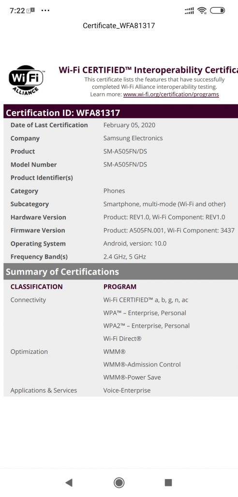 galaxy a50 certification