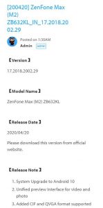 Asus zenfone max m2 Indian update android 10