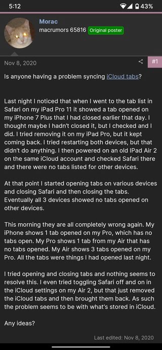 iCloud tabs not syncing